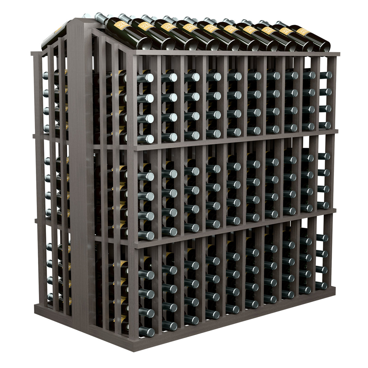 Commercial wine bottle display rack in grey stained wood with metal bottle holder pegs