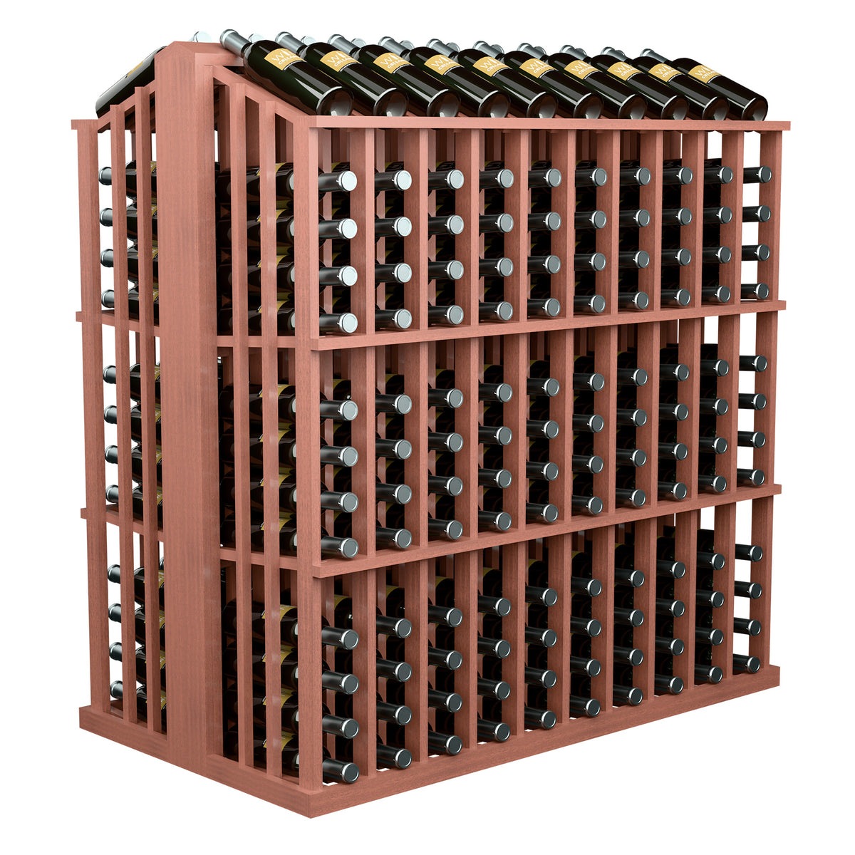 Commercial wine bottle display rack in warm reddish wood with metal bottle holder pegs