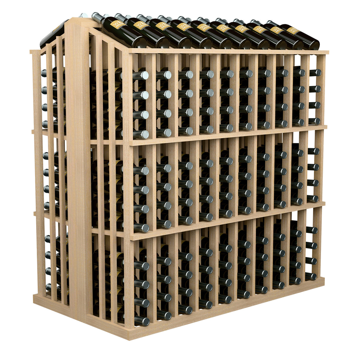 260-bottle aisle display rack with light wood frame and multiple bottle rows in compartments