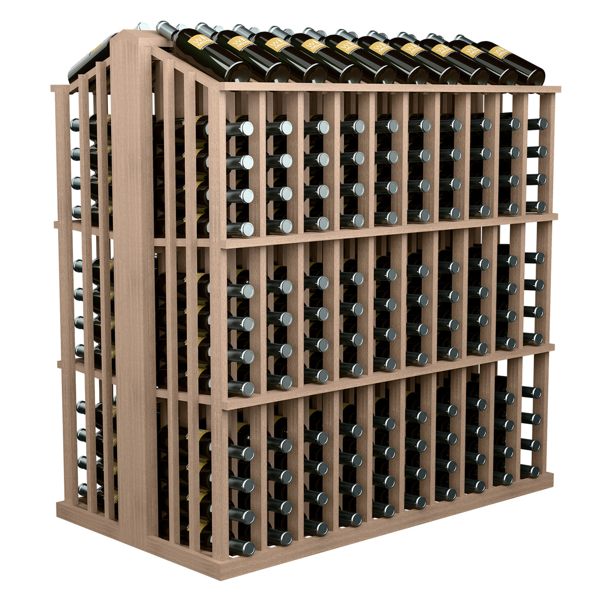 Wine bottle commercial aisle display rack in medium wood with front bottle cubbies