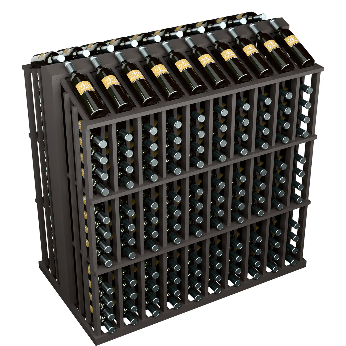 Black wine bottle display rack with top bottles and multiple rows of bottle slots