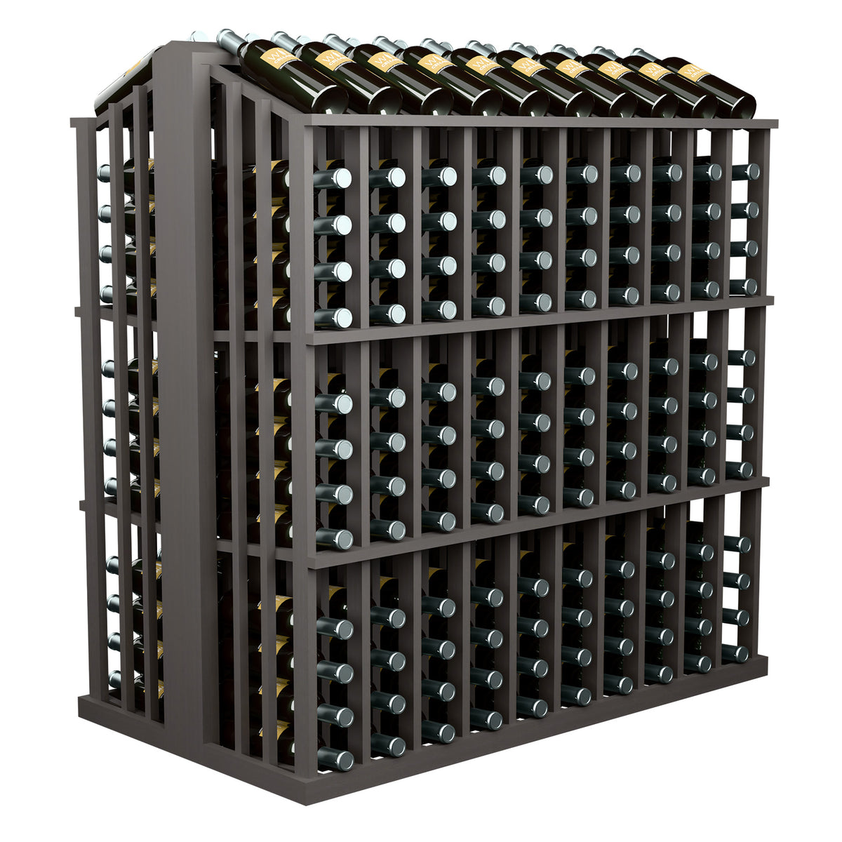 Side view of dark gray wine bottle display rack with bottle holders and top bottles