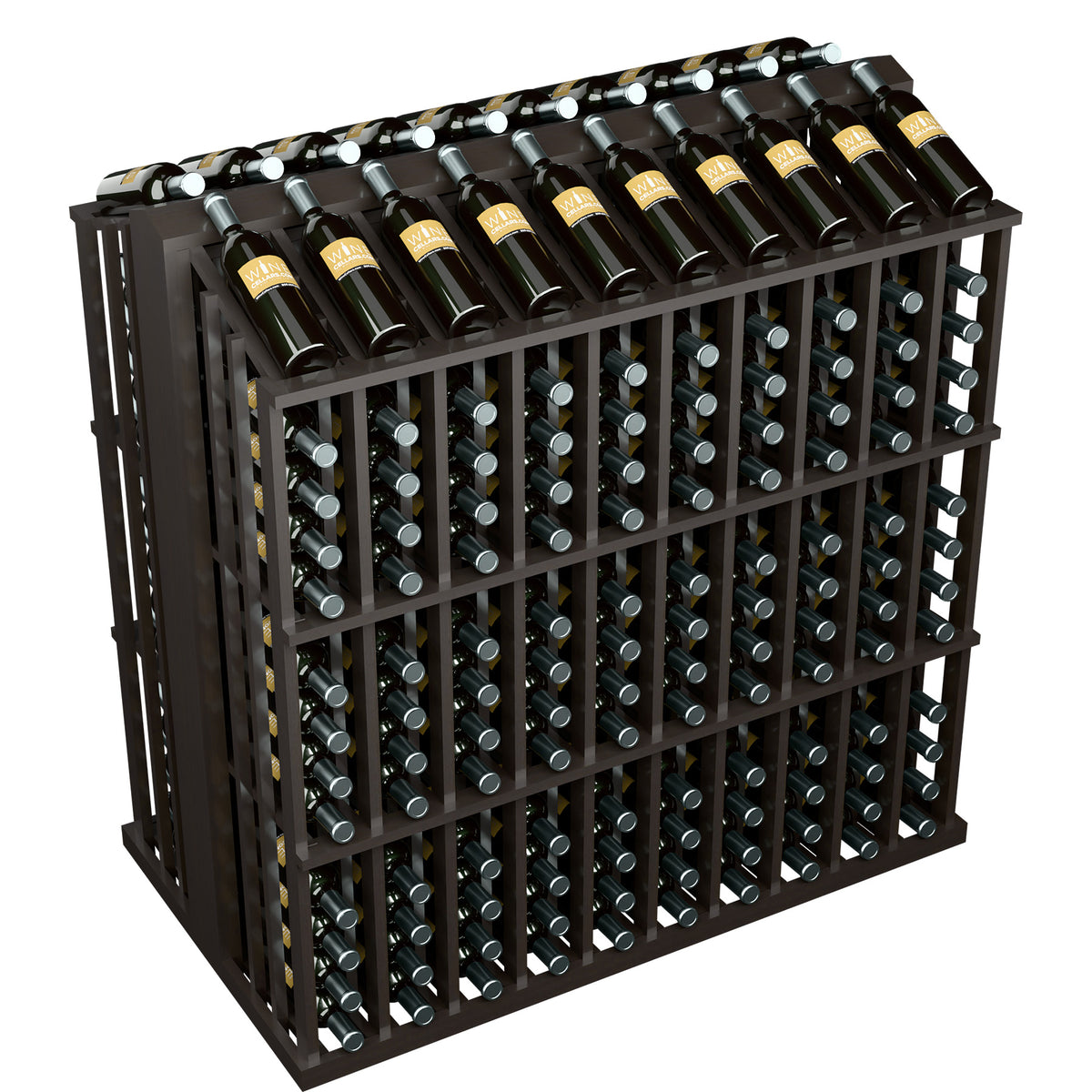 Commercial wine bottle display rack in dark stained wood with metal bottle holder pegs
