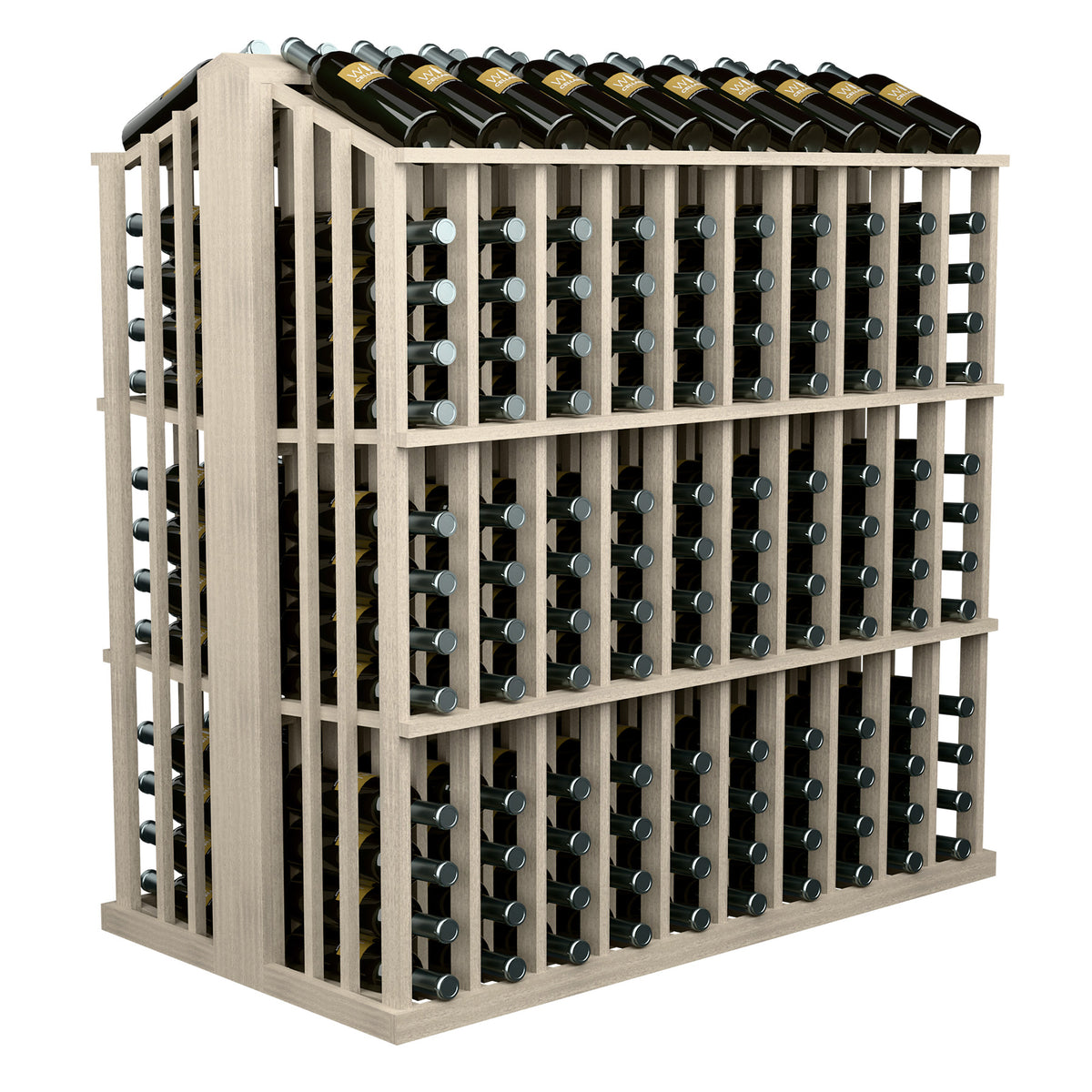 Pale white 260-bottle wine display rack with metal bottle holders and tightly spaced rows
