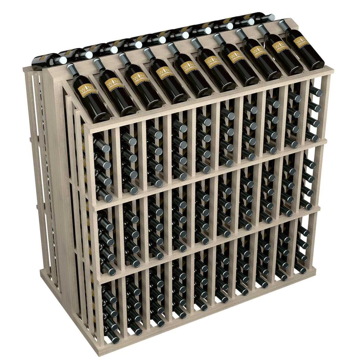260-bottle aisle display rack with light gray wood frame and metal bottle holders