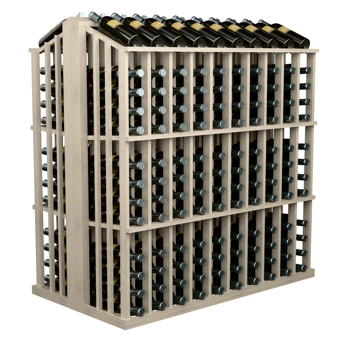 260-bottle aisle display rack with light wood slatted sides and metal bottle holders