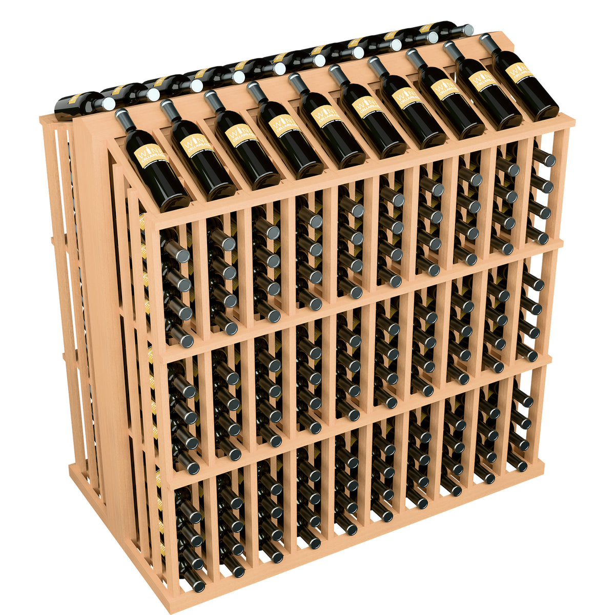 Light wood bottle display rack with bottle holders and bottles in the top compartment.