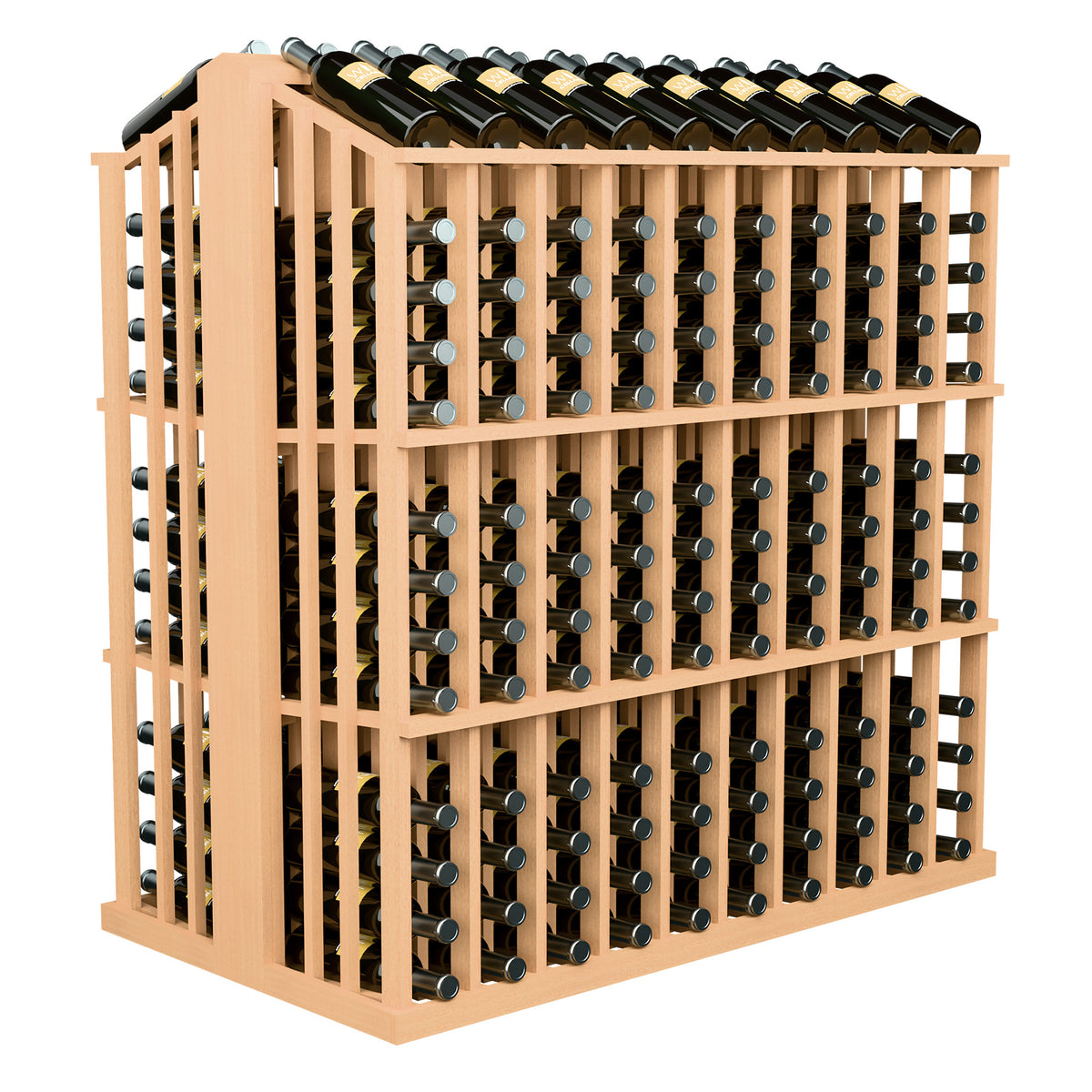 260-bottle aisle display rack with light wood frame showing front bottle rows