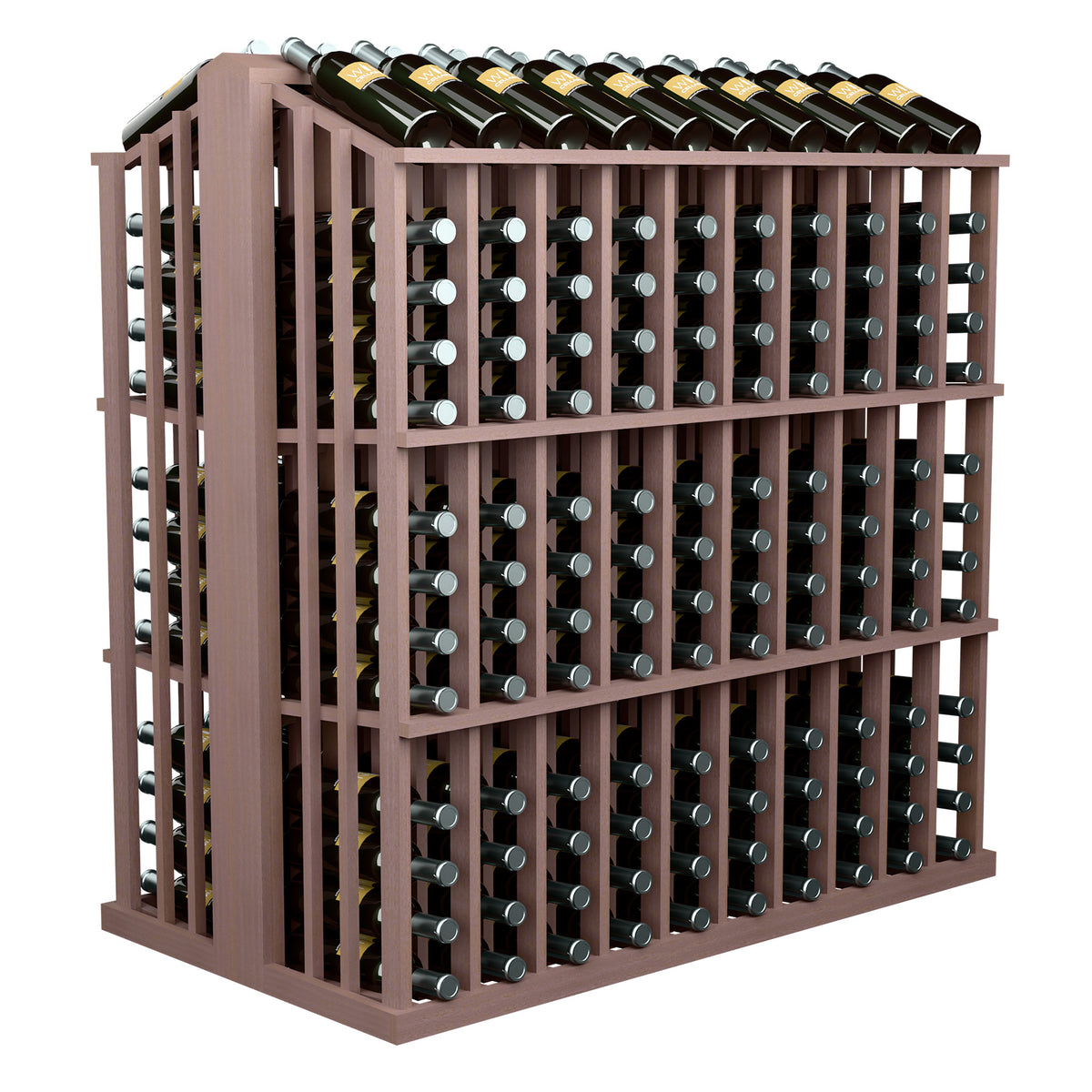 Warm brown aisle wine bottle rack with front lattice slats and bottle holder grid