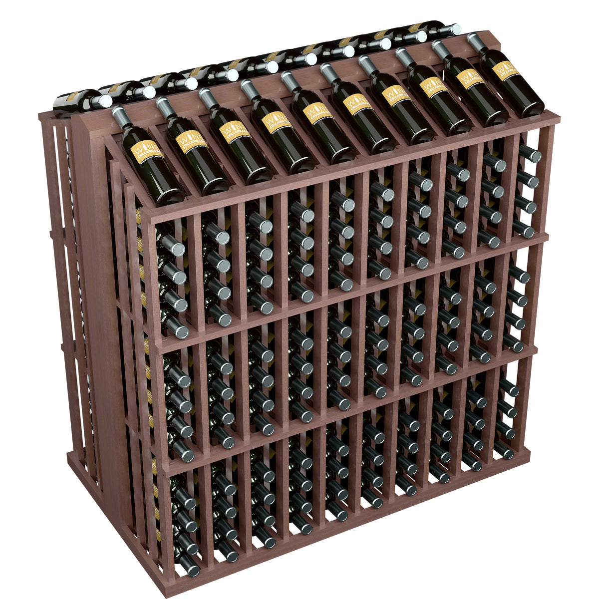 260-bottle aisle display rack with dark brown wood frame and metal bottle holders