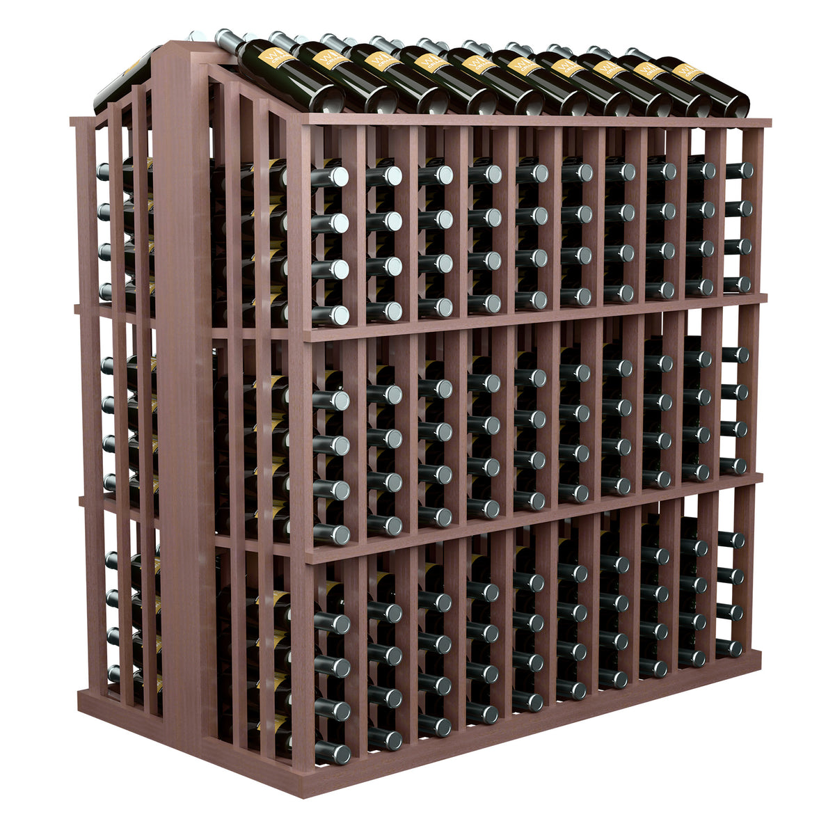 260-bottle aisle display rack with deep brown wood frame and metal bottle holders