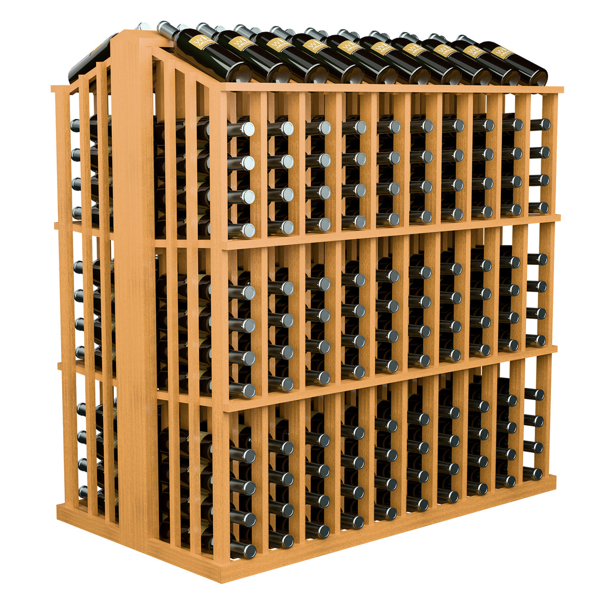 260-bottle aisle display rack with warm light wood frame and metal bottle holders