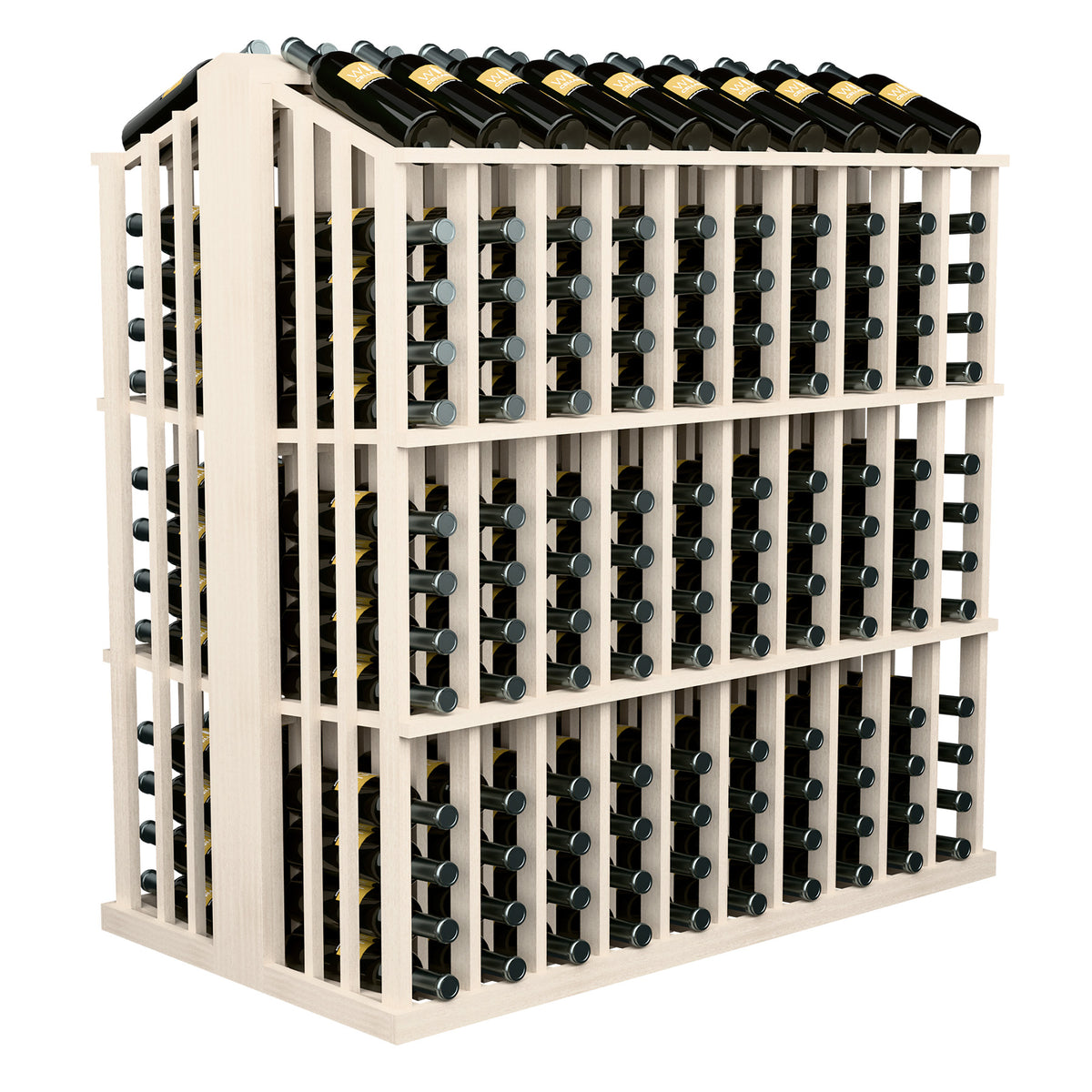 Commercial aisle wine bottle display rack with light wood frame and front view of bottle rows