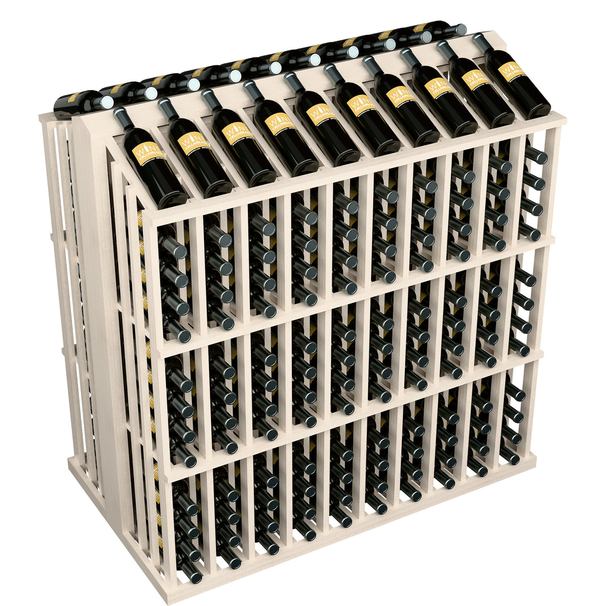 260-bottle aisle display rack with whitewashed wood frame and metal bottle holders