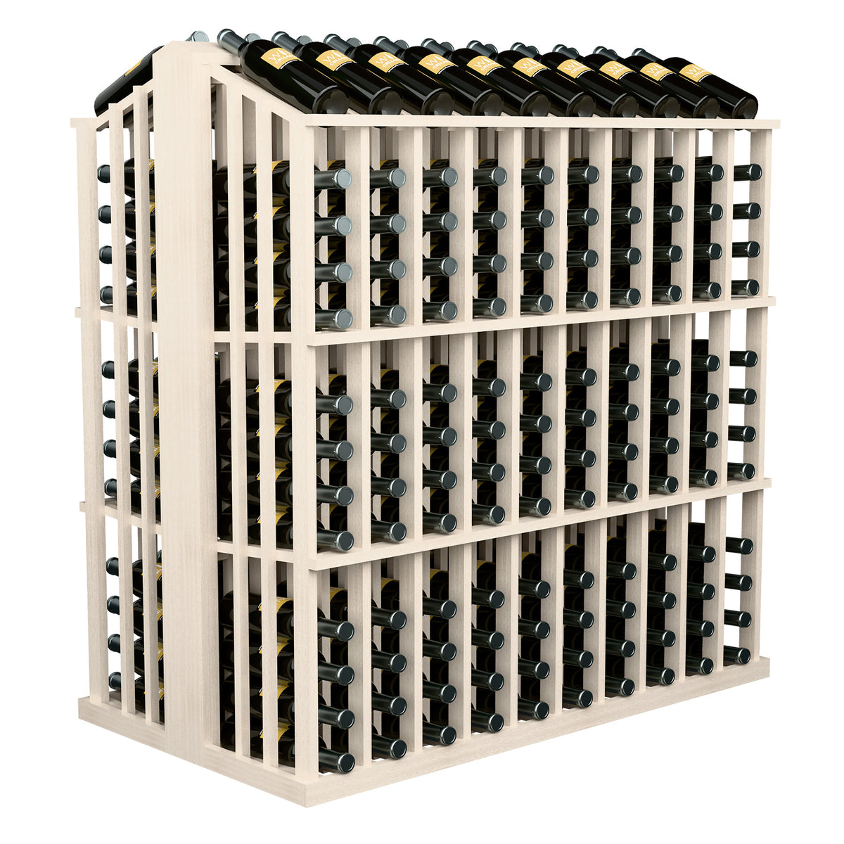 260-bottle aisle display rack with white wood frame and metal bottle holders