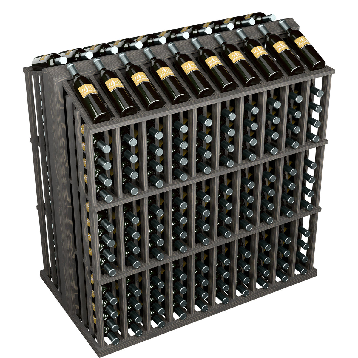 Dark-stained 260-bottle wine display rack with bottle holders and bottles in top row