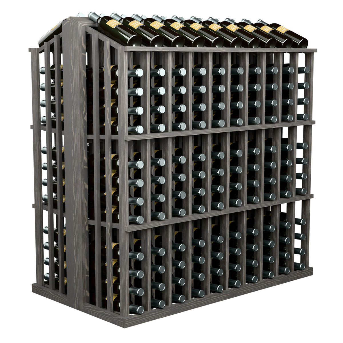 Gray wood aisle wine bottle display rack with bottle holder grid and bottles on top