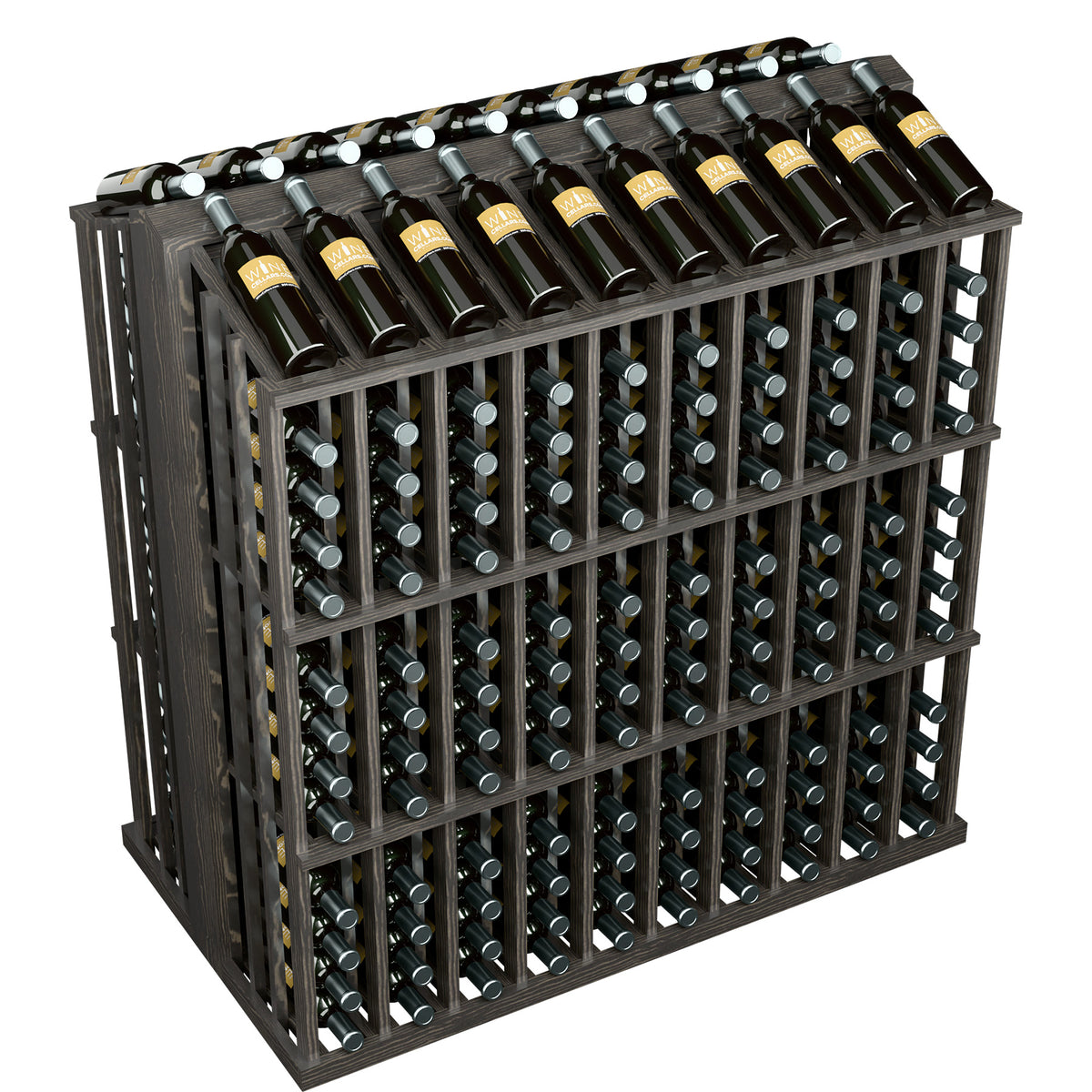Dark wood wine bottle display rack with slotted sides and bottle holders