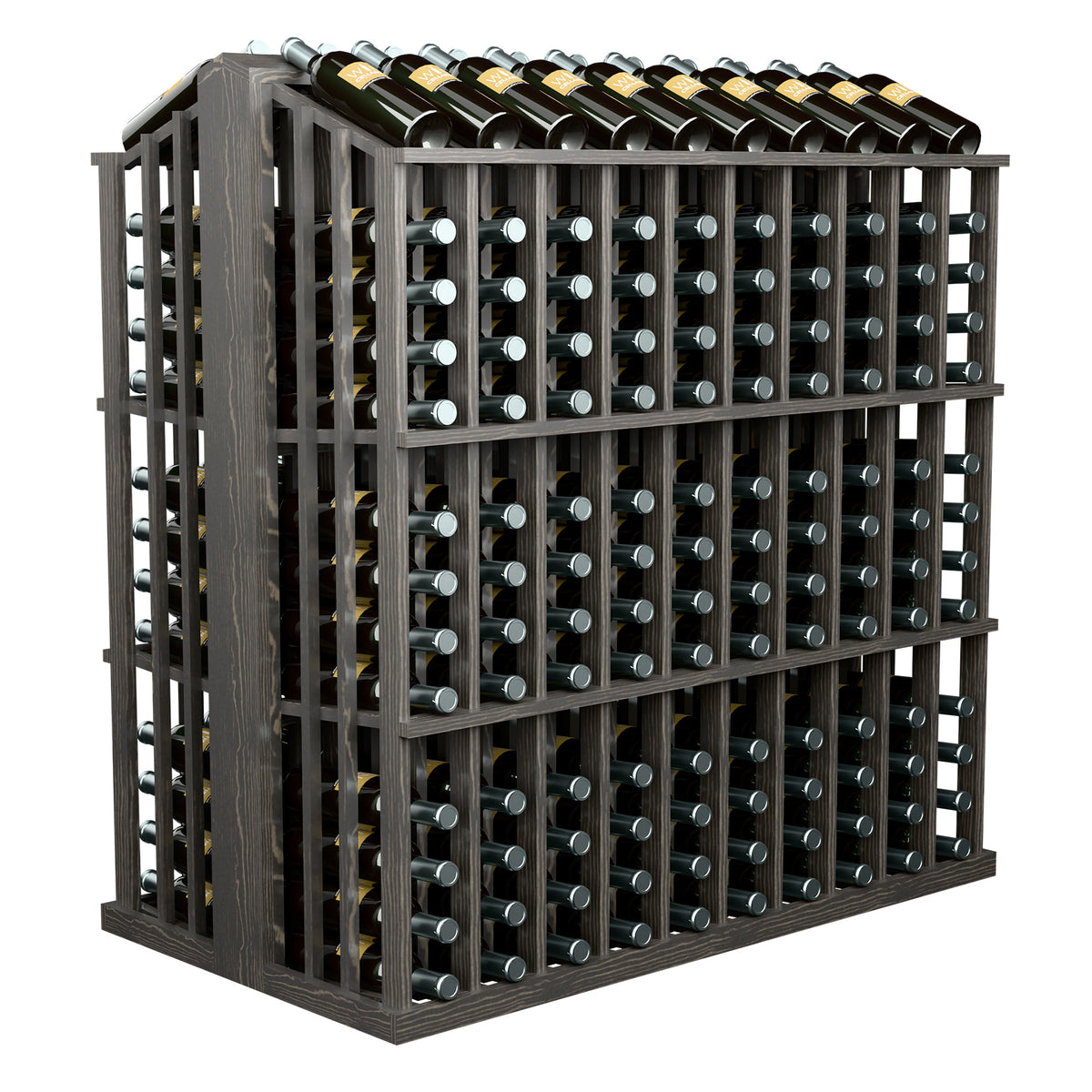 Dark wine bottle display rack with grid bottle pegs and open front frame