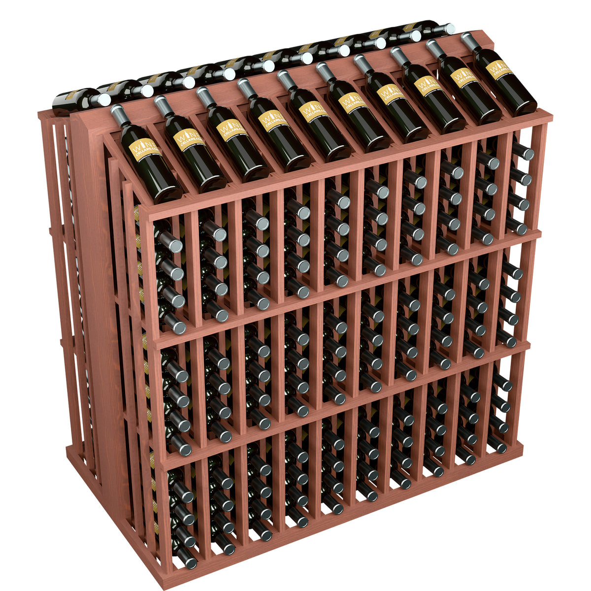Wine bottle commercial aisle display rack with red frame and front wine bottle cubbies
