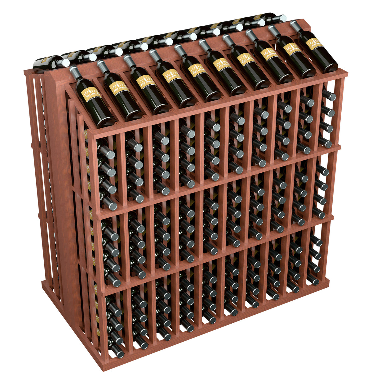 Red wood wine bottle display rack with slotted panels and bottle holder pegs