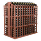 Terracotta-toned wine bottle display rack with rows of bottle pegs