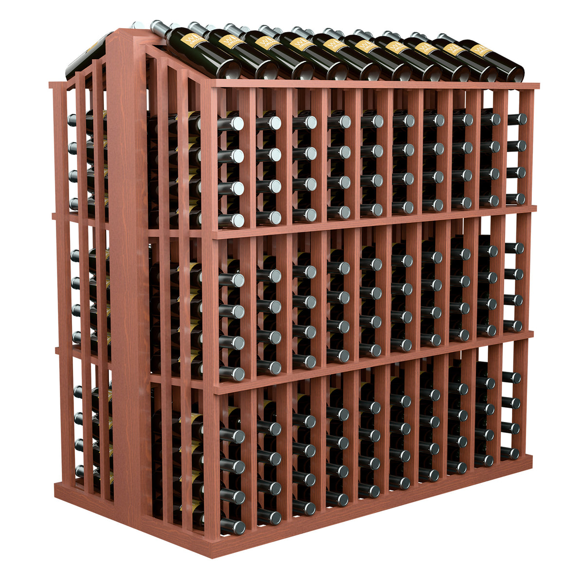 Terracotta-toned wine bottle display rack with rows of bottle pegs