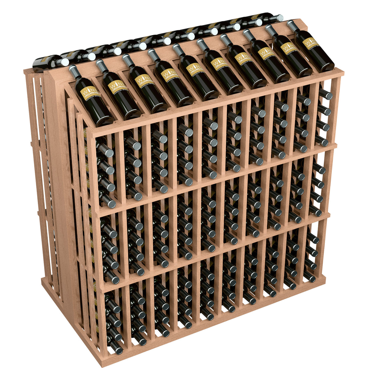 Light tan wood wine bottle display rack with bottle holders in square grid