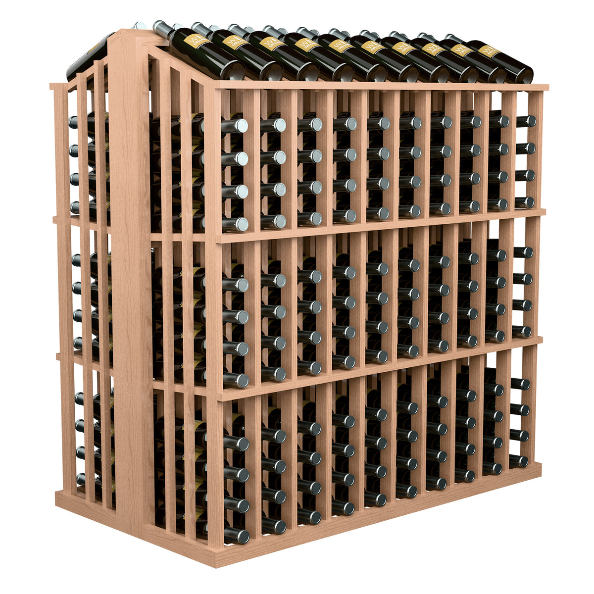 Natural wood wine bottle display rack with stacked bottle holder rows
