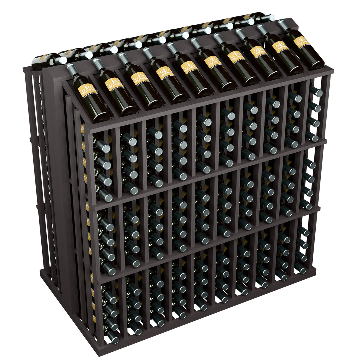 Black aisle wine bottle display rack with grid bottle holders and bottles in top row
