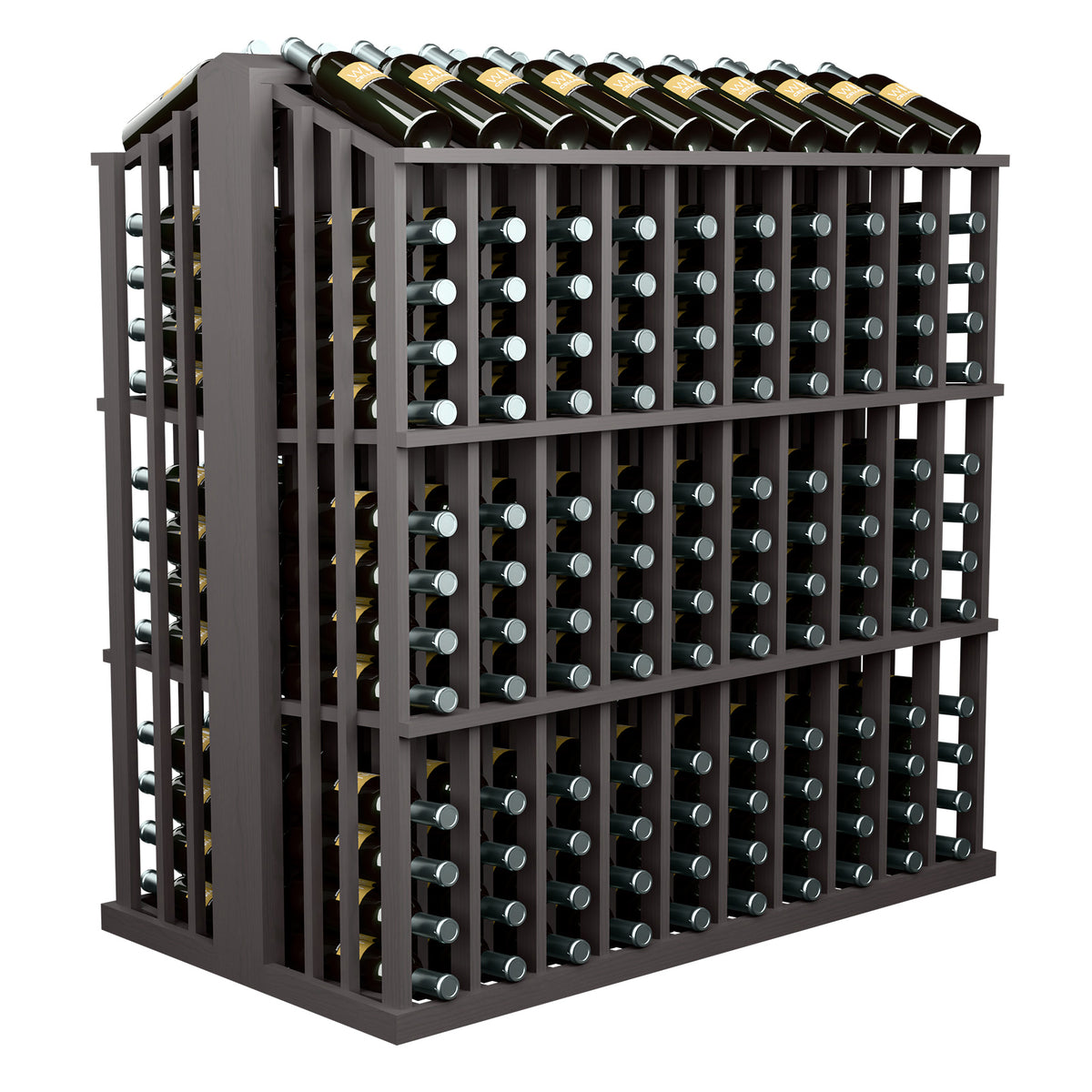 Dark gray wine bottle display rack with top bottle row and front bottle holders