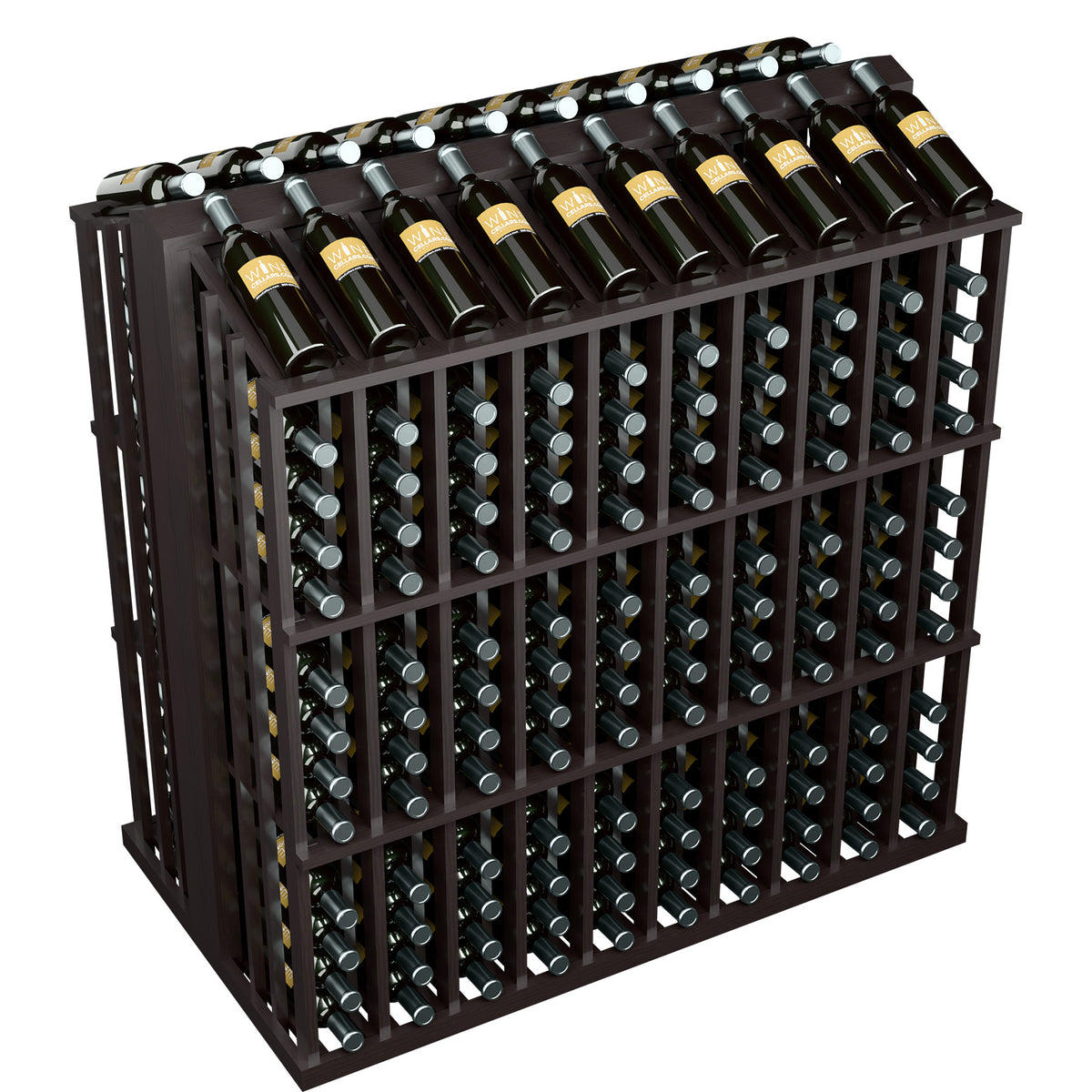 Dark wood wine bottle display rack with bottle holder pegs and top row