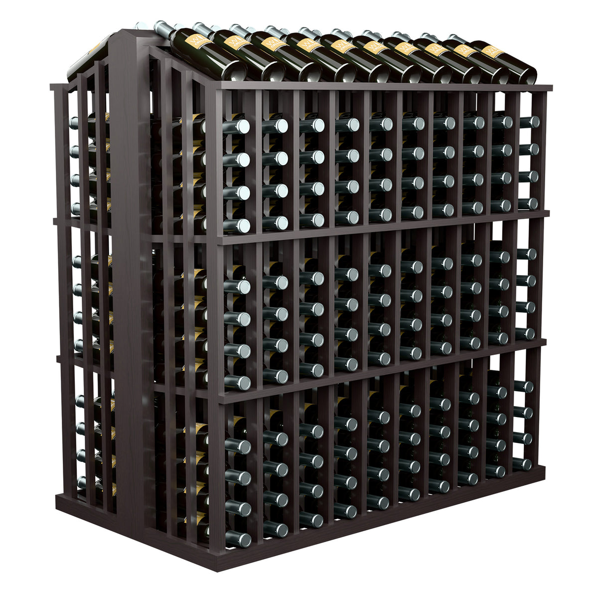 Dark wood wine bottle display rack with slatted sides and bottle peg compartments