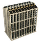 Gray-toned wood bottle rack with bottle holders and bottles arranged along the top.