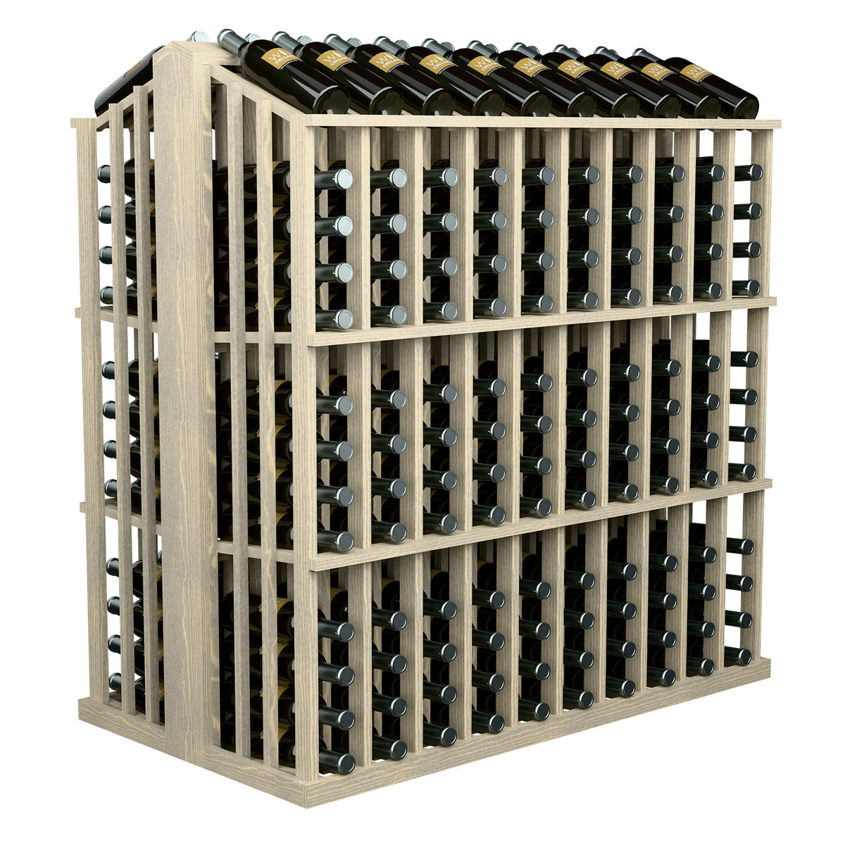Wine bottle commercial aisle display rack in white-wash style with front bottle cubbies