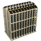Commercial wine bottle display rack in light wood with metal holders and bottles on top