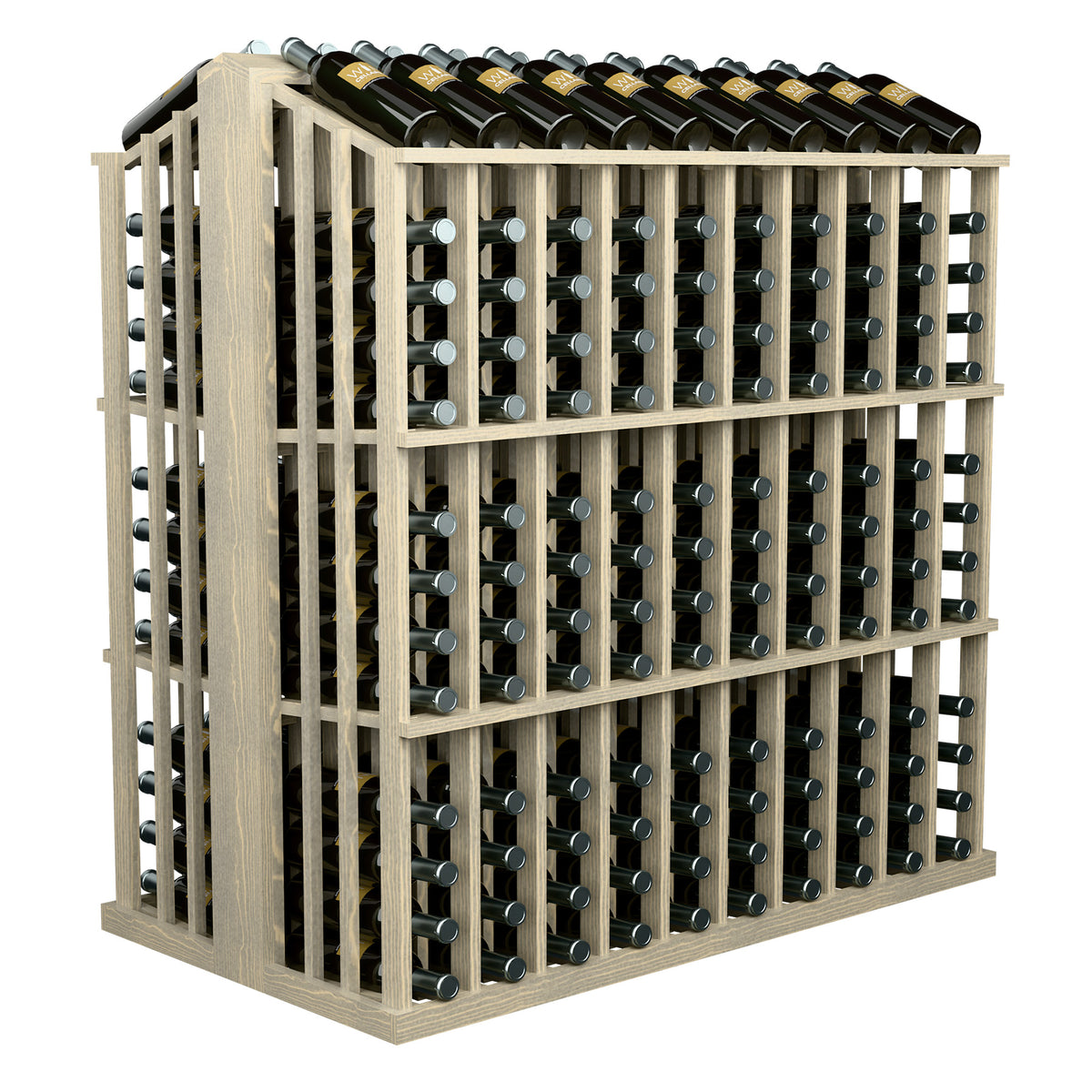 Commercial wine bottle display rack in light wood with metal bottle holders and front slots