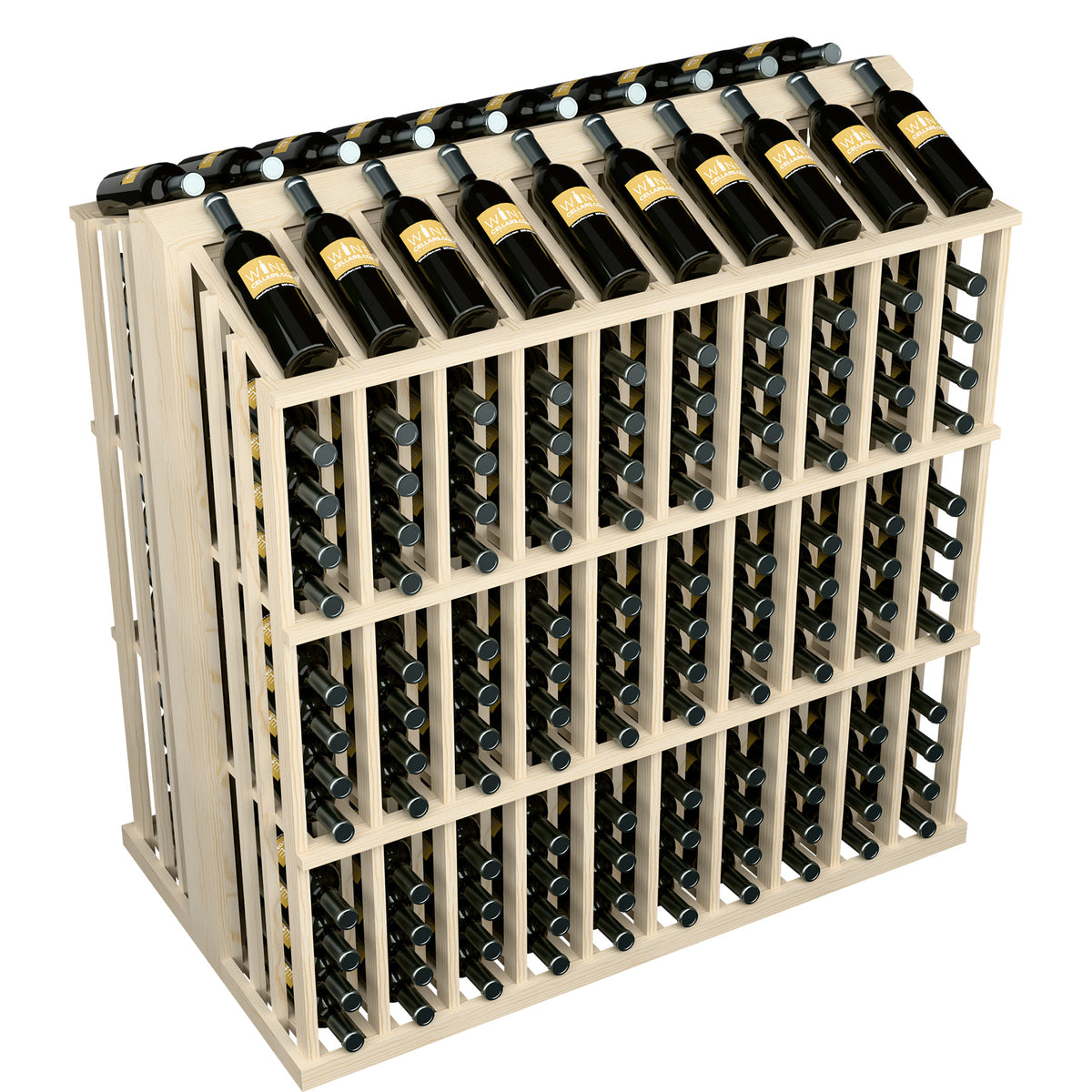 Wine bottle display rack with dark wine bottles in cream-colored wooden frame