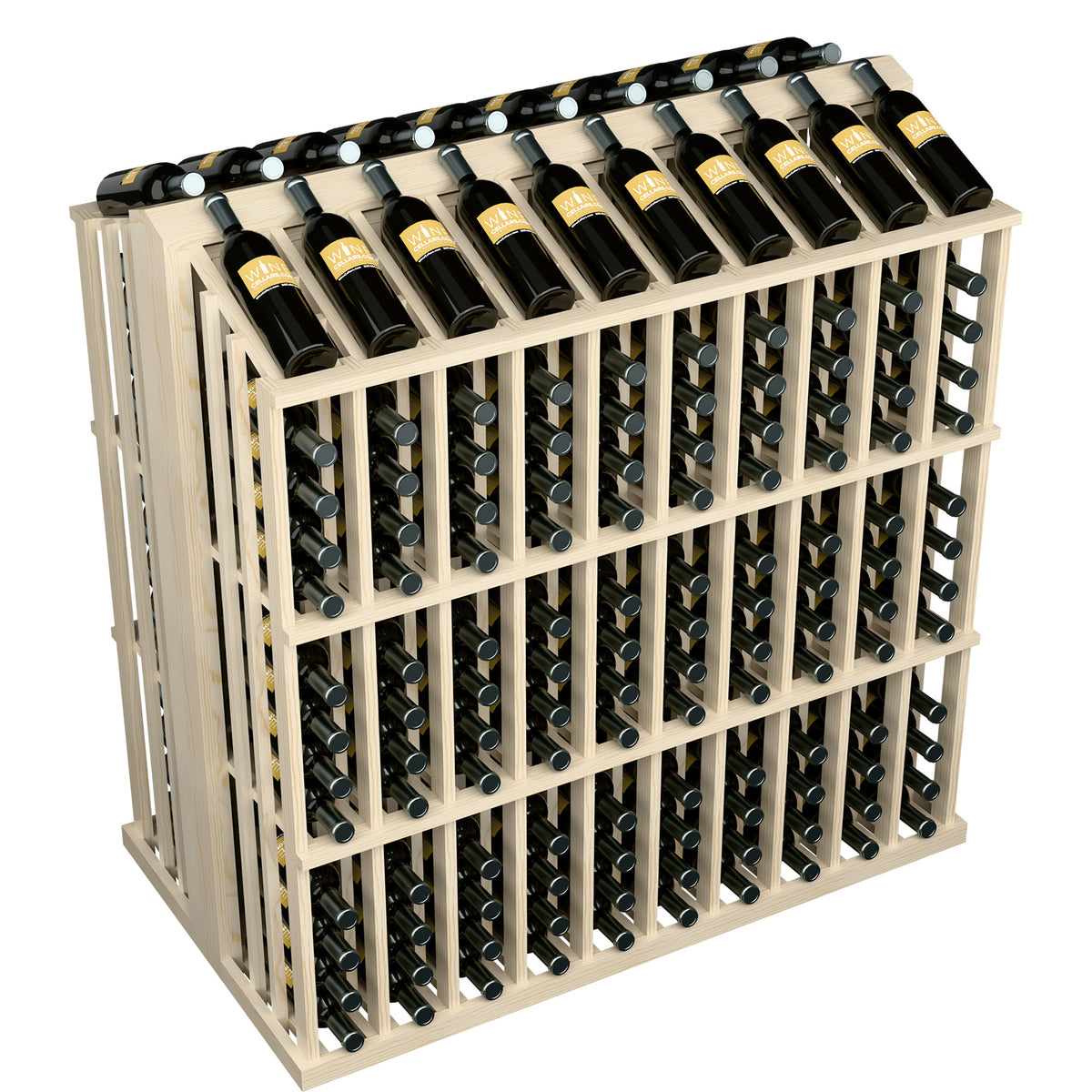 Commercial wine bottle display rack in light wood with rows of metal bottle holders