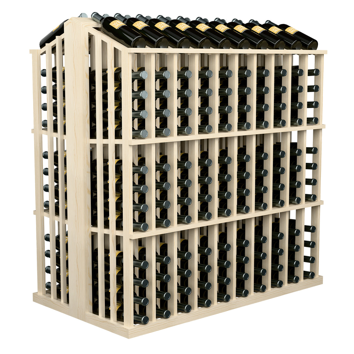 Commercial wine bottle display rack in light wood with front grid of metal bottle holders