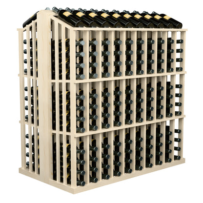 Commercial wine bottle display rack in light wood with front grid of metal bottle holders
