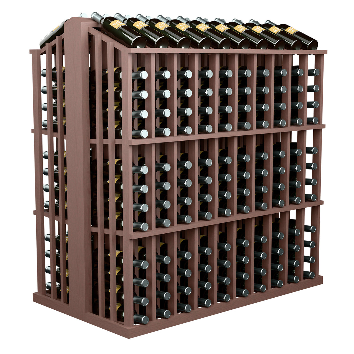 Brown wood aisle wine bottle rack with rows of bottle holders and bottles on top