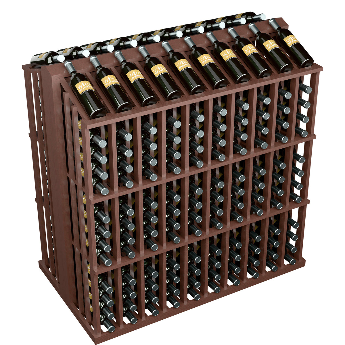Commercial wine bottle display rack in dark brown wood with metal holders and top bottles
