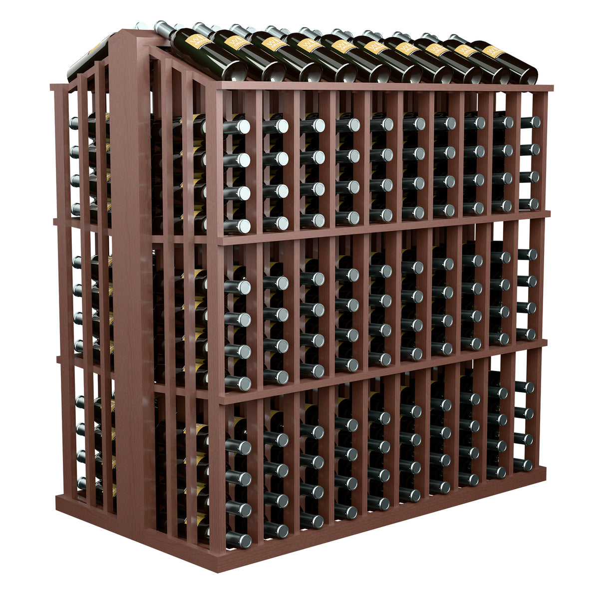 Commercial wine bottle display rack in dark brown wood with rows of metal bottle holders