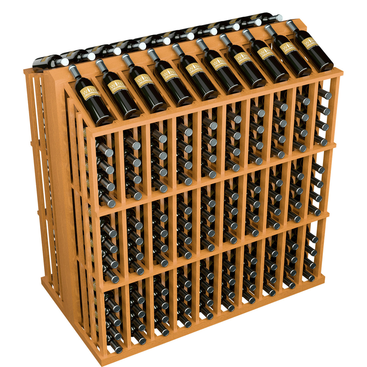 Commercial wine bottle display rack in tan wood with metal holders and bottles on top