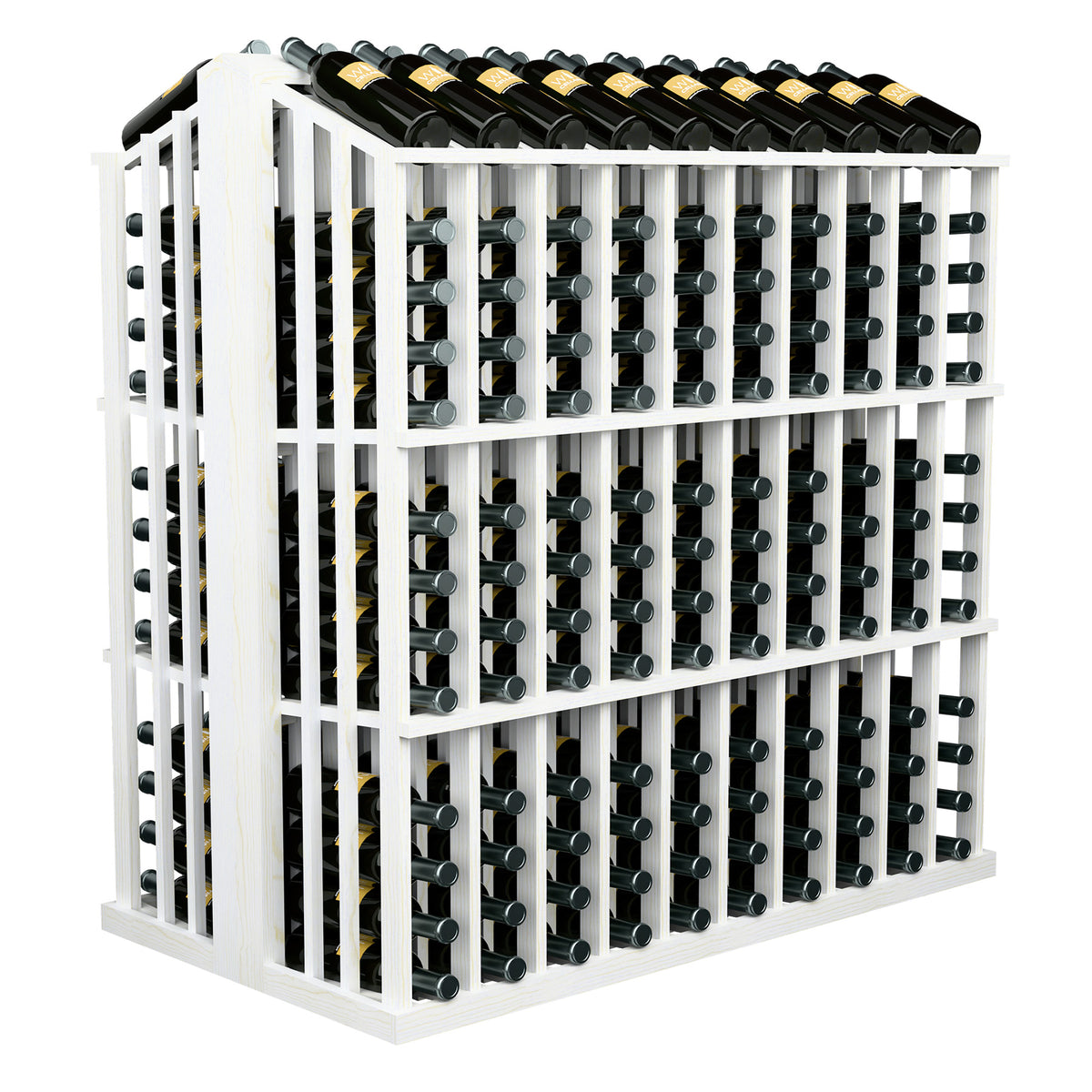 Commercial aisle wine bottle display rack with white frame and tightly spaced wine bottle slots