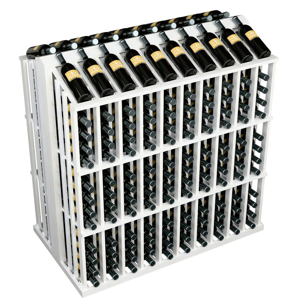 Commercial wine bottle display rack in light wood with metal holders and bottles on top