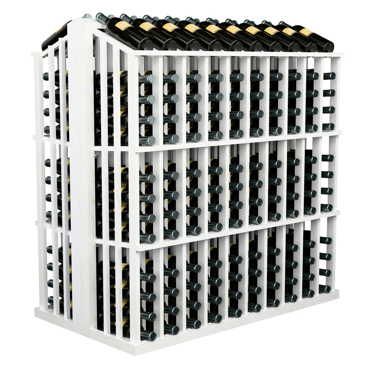 Commercial wine bottle display rack in light wood with metal bottle holders and front rows