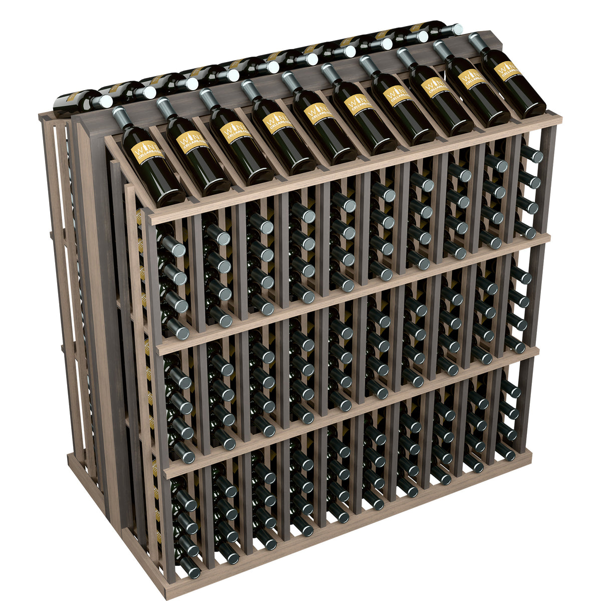 260-bottle aisle display rack with dark wood frame and wine bottles in grid rows