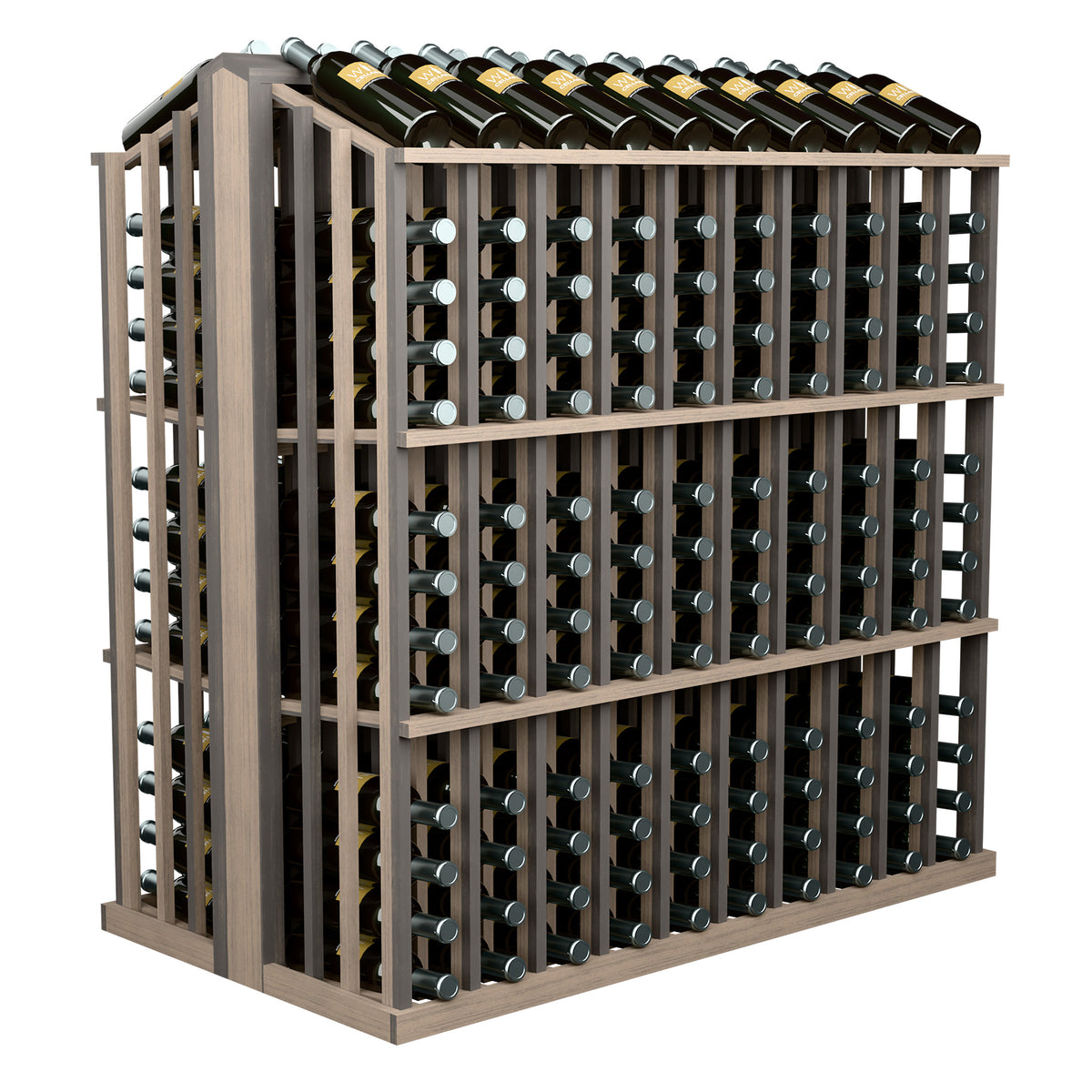 Dark wood aisle wine bottle display rack with metal bottle holders in repeating rows